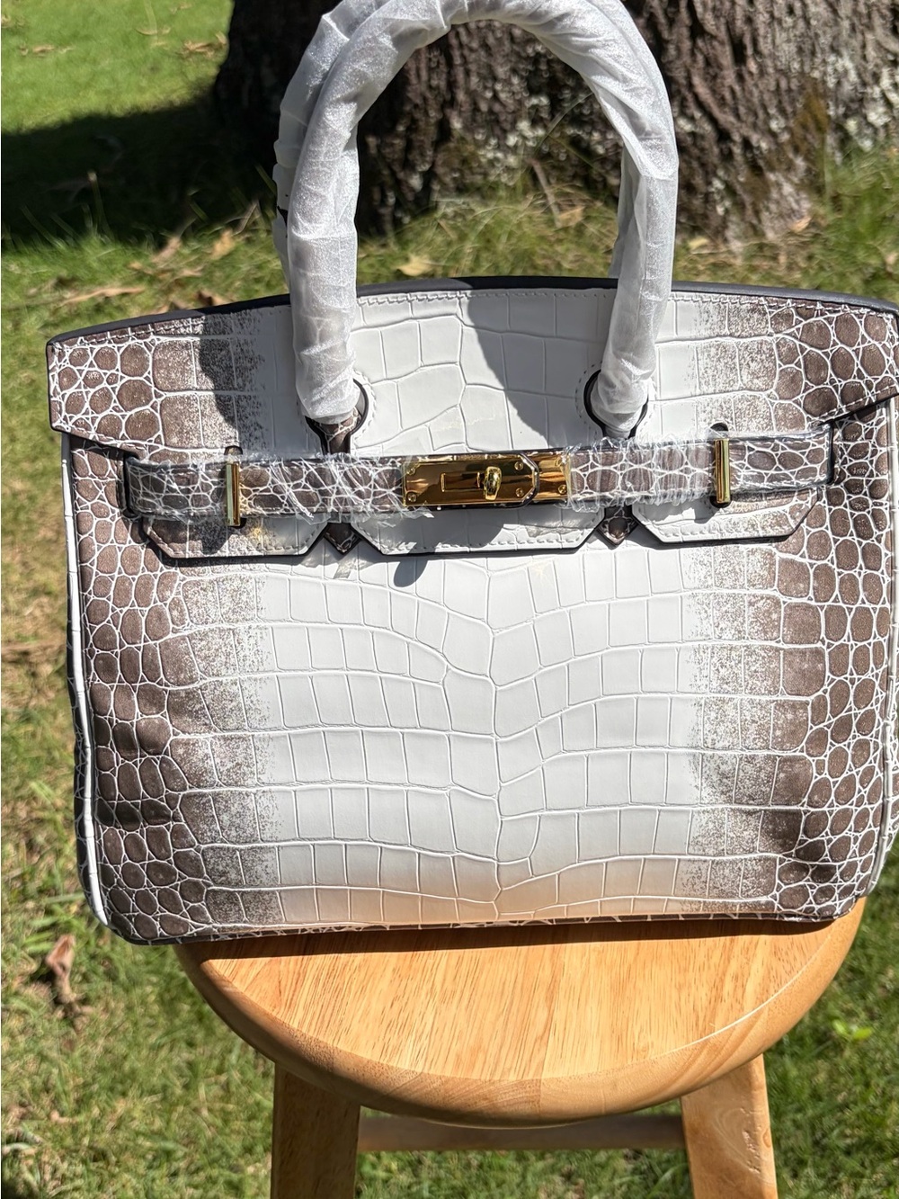 Vegan Leather White and Brown Croc Satchel Bag with Gold Hardware With Strap
